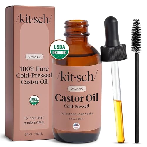 Kitsch Organic Castor Oil for Hair Growth - 100% Pure Castor Oil, Organic Cold Pressed Unrefined Glass Bottle for Face, Skin, Lashes, Brows, Scalp, Nails & Belly Button | Ideal Gifts for Women - 2 oz