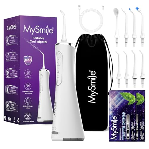 MySmile LP211 Water Flosser Cordless for Teeth, 5 Modes Portable Oral Irrigator, 260ML Water Dental Picks for Sensitive Teeth Cleaning, IPX7 Travel Rechargeable Water Flossing &2 Teeth Wipes