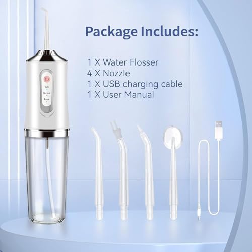 Water-Flosser-Cordless-Teeth-Cleaner MAKJUNS Water Dental Flosser with 3 Modes 4 Jets Rechargeable IPX7 Waterproof for Travel Home Braces(White)
