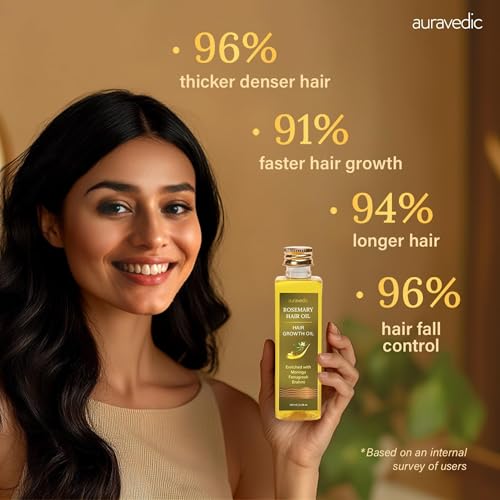 Auravedic Rosemary Hair Growth Oil with Moringa, Fenugreek & Brahmi | Scalp Nourishing Oil for Dry, Weak Hair & Breakage Care | Supports Fuller-Looking, Healthier Hair | 3.38 Fl Oz (100ml)