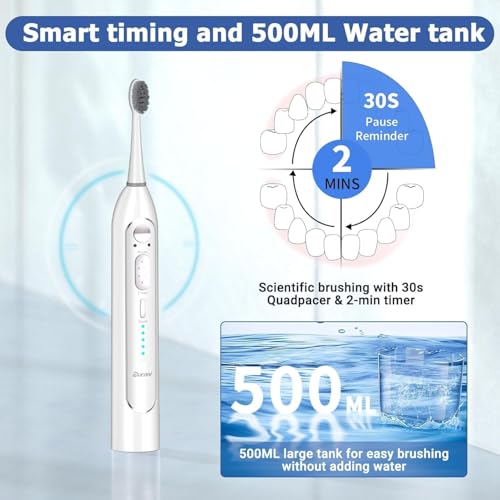 Electric Toothbrush with Water Flosser, Upgrade Flossing Toothbrush Combo with 3 Brush, 5 Floss Speeds& 3 Brush Modes, 500mL Tank, 30-Day Battery, for Adults & Teens, Gums, Braces-White
