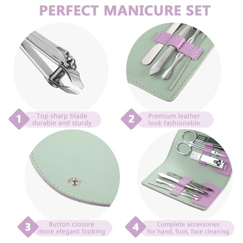 12 Set Manicure Set Bulk Mini Manicure Nail Clipper Kit 7 in 1 Stainless Steel Professional Nail Care Pedicure with Travel Portable Bag Grooming Kits for Women Men Home(Purple)