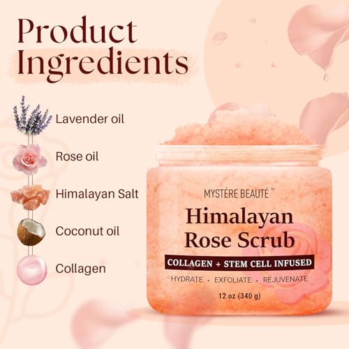 Himalayan Salt Body Scrub 12 oz - with Collagen and Stem Cells - Exfoliating Salt Scrub for Cellulite - Deep Cleansing for Acne, Scars, Wrinkles - Moisturizes Skin