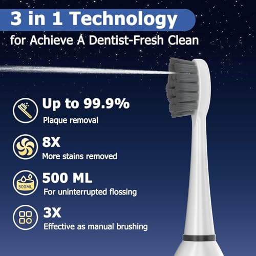 Electric Toothbrush with Water Flosser, Upgrade Flossing Toothbrush Combo with 3 Brush, 5 Floss Speeds& 3 Brush Modes, 500mL Tank, 30-Day Battery, for Adults & Teens, Gums, Braces-White