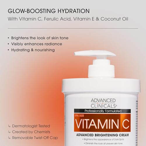 Advanced Clinicals Vitamin C Cream Visibly Brightening Body Lotion | Vitamin C Moisturizer Skin Care Body Cream For Women & Men Helps Visibly Improve Look Of Dark Spots & Uneven Skin Tone, 16 Ounce