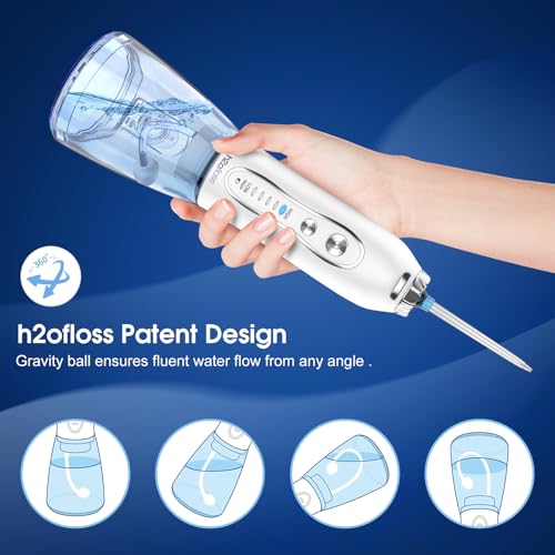 H2ofloss Water Dental Flosser Portable Dental Oral Irrigator with 5 Modes, 6 Replaceable Jet Tips, Rechargeable IPX7 Waterproof Teeth Cleaner for Home and Travel -300ml Detachable Reservoir (HF-6)