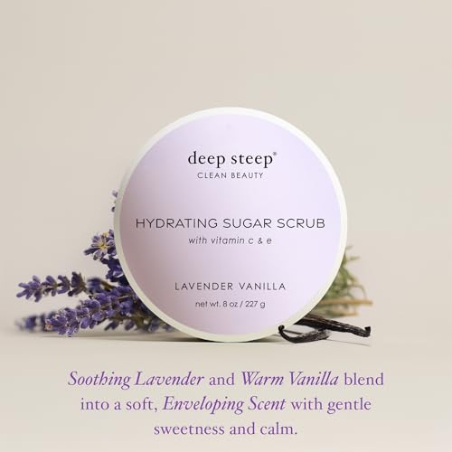 Deep Steep Sugar Scrub, Lavender Vanilla, 8 oz – Exfoliating Body Scrub with Organic Coconut Oil, Shea Butter & Argan Oil – Vegan, Clean Beauty, Smooth, Soft & Nourished Skin