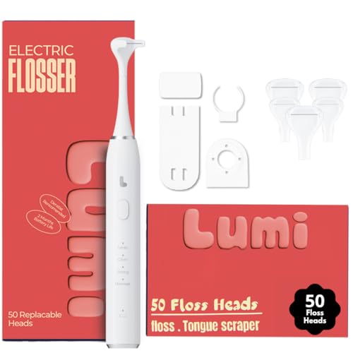 Lumi Electric Flosser | 2 in 1 Electric Flosser for Adults w/ 4 Speeds + 50 Replacement Heads - Dentist Recommended | Easy Glide Flossing for Gentle Gum Care, Tongue Scraper, Water Alternative flosser