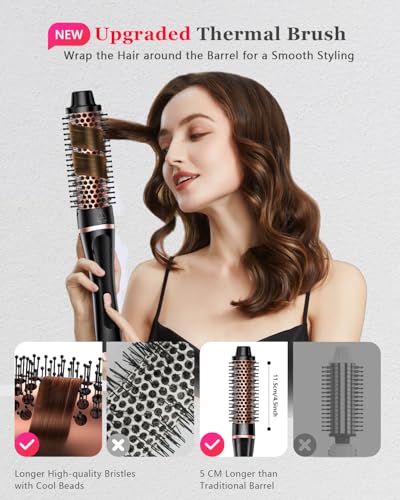 5 in 1 Curling Iron & Thermal Brush Set with 4 Interchangeable Ceramic Barrels (0.35”-1.25”) Fast Heat Dual Voltage Travel Hair Tools Birthday Gift for Women - Hair Curler Wand Kit for Curls & Blowout
