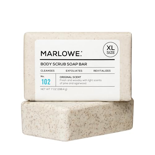 MARLOWE. No. 102 Body Scrub Soap 7 oz, Exfoliating Soap Bar with Shea Butter, Olive Oil & Green Tea Extracts, Cleanses, Smooths & Revitalizes Skin, Original Sage & Fir Scent