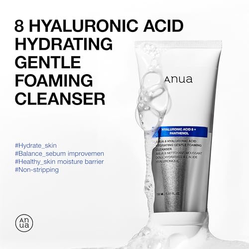 Anua Hydrating Gentle Foaming Cleanser, Hyaluronic Acid, Glycerin, Zinc, Panthenol, Korean Face Wash for Dry Skin, for Double Cleansing, Korean Skincare (150ml/5.07fl oz.)