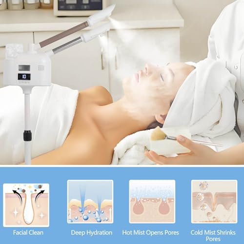 Facial Steamer with Hot & Cold Mist Function, 2 in 1 Facial Steamer with Ozone for Facial Deep Cleaning and Hydration, Esthetician Steamer on Wheels, Ideal for Salon Spa Home Beauty Equipment, White