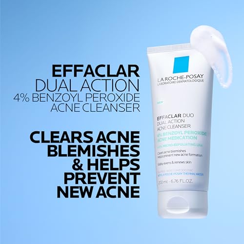 La Roche-Posay Effaclar Dual Acne Face Wash With 4% Benzoyl Peroxide & LHA Exfoliant, Acne Treatment Help Clear & Prevent Blemishes, Paraben Free & Oil Free Wash, 6.76 Fl Oz