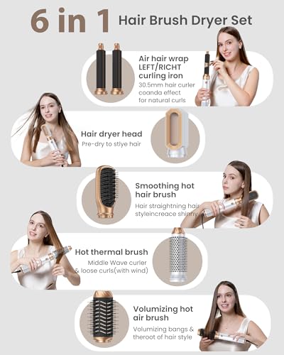 Ukliss 6 in 1 Hair Dryer Brush with Auto-Wrap Curling & ALCI Plug, Ionic Hot Air Brush for Frizz-Free Salon Blowouts at Home, 3 Heat Settings for Fine to Normal Hair, 800W