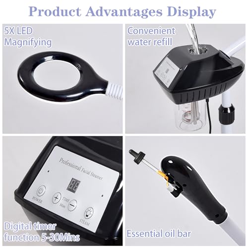 Professional Facial Steamer, 2 in 1 Facial Steamer with 5X Magnifying Lamp for Deep Cleansing and Hydration, Face Steamer on Wheels with Time Setting, Estheticians Steamer for Spa, Salon and Home Use