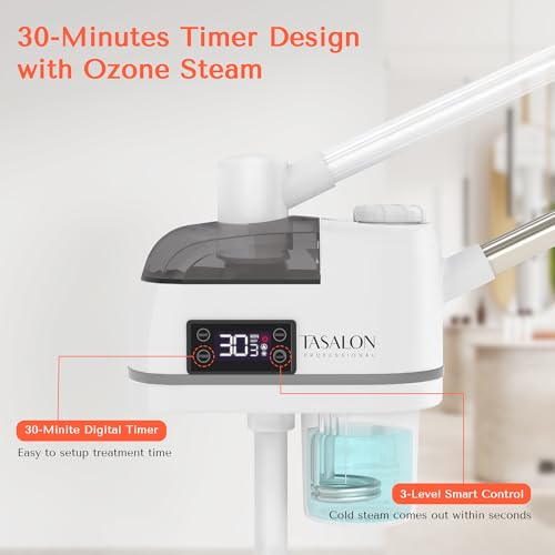 TASALON 2 in 1 Professional Facial Steamer on Wheels -with Ozone and Hot & Cold Mist, Ionic Facial Steamer Kit for Facial Deep Cleaning and Moisturize, SPA & Home, Ozone Face Humidifier (White)