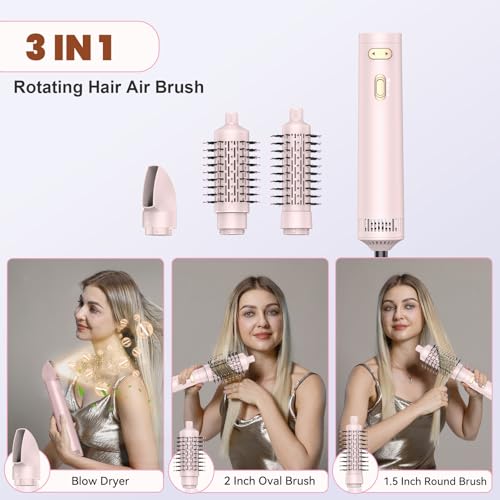 Hair Dryer Brush, 4 in 1 Rotating Round Hot Air Spin Brush Set Negative Ionic Professional Blow Dryer with Detachable Brush(2" & 1.5"), 3 Heats and 2 Speeds Rotating Blow Dryer Brush