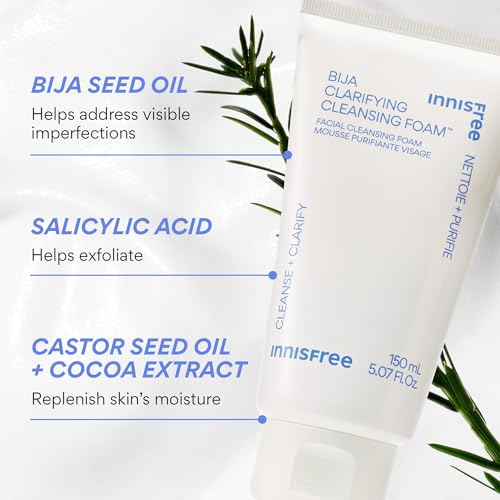 innisfree Bija Clarifying Foam Cleanser with Salicylic Acid & Castor Oil, Korean Skincare, Gentle Face Wash, Sulfate-Free Formula