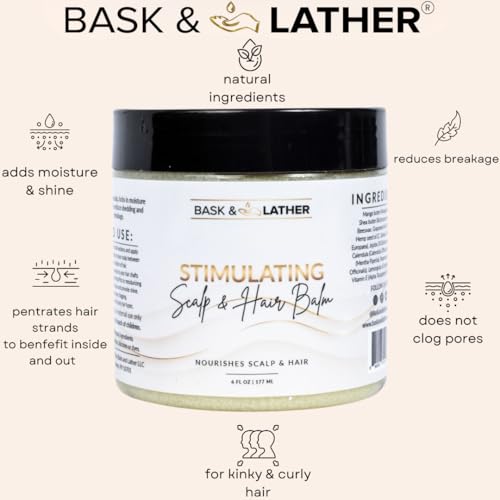 Bask & Lather Stimulating Scalp and Hair Balm for Hair Growth, Mango & Shea Butter, Nourishing Jojoba Oil, Peppermint & Rosemary Oil, Vitamin E, Scalp Care, Hair Care, Moisture, Shine & Strength, 6 oz