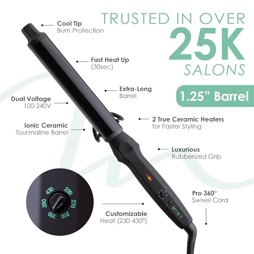 MINT Professional Clamp-Free Curling Wand 1 1/4 Inch for Long Hair | Extra Long Curl Wand with 4-Heater Ionic Ceramic Barrel | Best Curling Wands | Adjustable 230-430°F | Worldwide Dual Voltage