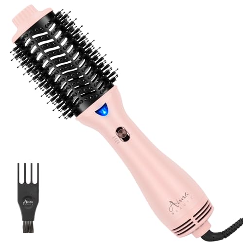 Aima Beauty Blow Dryer Brush - Ionic Ceramic Hot Air Brush for Frizz-Free Straightening & Voluminous Blowout, 2.3‘’/ 60mm Oval Barrel with Nylon Bristles, 360 Surrounded Vent, 3 Heat Settings, Pink