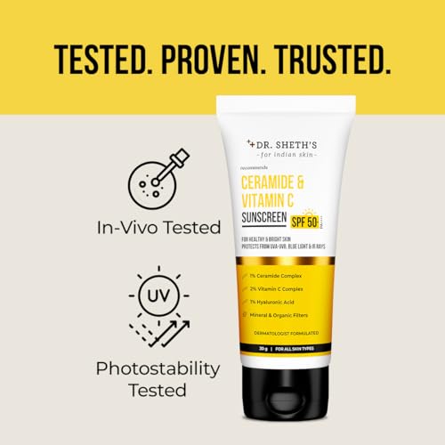 Dr. Sheth's Ceramide & Vitamin C Sunscreen | In-Vivo Tested | SPF 50+ Pa++++ | Healthy Glow | Non-Greasy, Quick-Absorbing | Women & Men | All Skin Types, 30G