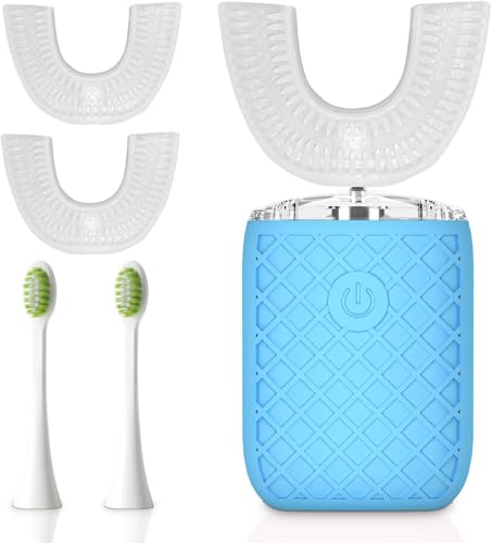 Adult Sonic Automatic Electric Toothbrush, 360° Oral Cleaning Stain Whitening, IPX7 Waterproof Rechargeable, u-Shape Brush Head*3+Straight Handle Brush Head*2 (Blue)