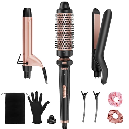 Ufree 3 in 1 Curling Iron, Curling Wand Set with Thermal Brush Flat Iron Hair Straightener, Dual Voltage Wand Curler, Instant Heat Up Hair Curler, Include Protective Glove 2 Clips, Gifts for Women