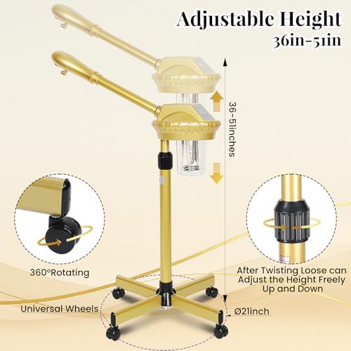 Facial Steamer Professional with More Steam for Deep Cleansing and Hydration, Estheticians Steamer on Wheels with Time Setting, Face Steamer Adjustable Height for Beauty, Spa and Home Use（Golden）