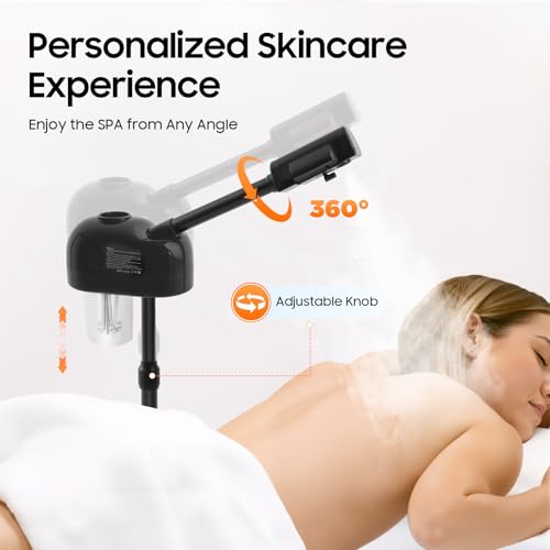 Professional Facial Steamer, Hot Ozone Face Steamer on Wheels for Facial, Adjustable Height, 360° Rotatable Nozzle, Vaporizador Facial Steamer for Esthetician, Height Adjustable, SPA at Home (Black)