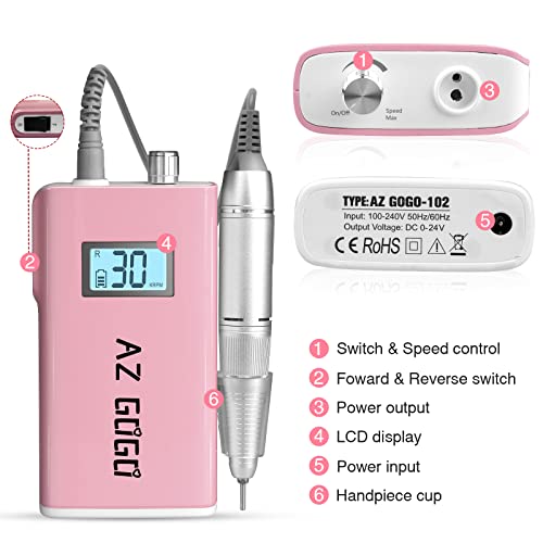 Professional Nail Drill Machine, AZ GOGO 30000RPM Rechargeable Portable Nail Drills for Acrylic Gel Nails - Cordless Electric Nail Drill with LCD Display (Pink)