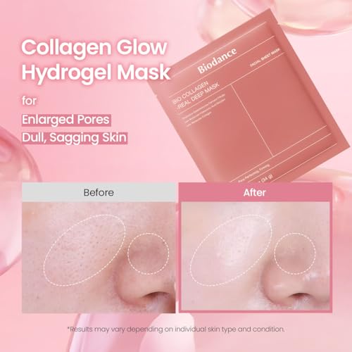 BIODANCE Bio-Collagen Real Deep Mask, Hydrating Overnight Hydrogel Mask, Pore Minimizing, Elasticity, Plumping Improvement, Korean Skin Care, Valentines Day Gifts for Her | 1.19oz(34g) x 4ea