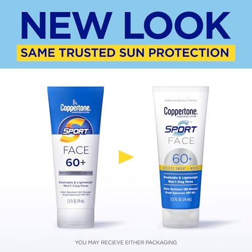 Coppertone Sport Face Sunscreen Lotion SPF 60+, Water Resistant Sunscreen with Broad Spectrum SPF 60+, Lightweight and Breathable, 2.5 Fl Oz Tube