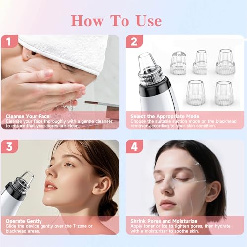 Blackhead Remover Pore Vacuum, Blackhead Vacuum, Facial Pore Cleaner with 5 Adjustable Suction Levels, 5 Probes, USB Rechargeable Pore Cleaner, Electric Comedone Whitehead Extractor Tools Kit