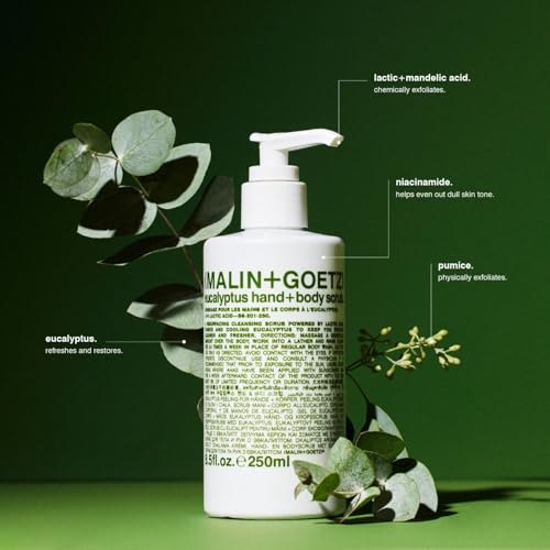 MALIN+GOETZ Eucalyptus Hand+Body Scrub | Resurfacing Cleanser Lactic Acid, Mandelic Acid, Pumice + Niacinamide | Deeply Cleanses, Smooths + Brightens | Vegan, Cruelty-Free, Paraben-Free (8.5 Fl Oz)
