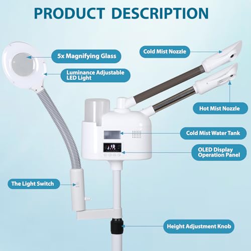 Professional 3 in 1 Facial Steamer Deep Cleaning Ozone Facial Steamer with 5X Magnifying Light & Rolling Wheels Hot/Cold Mist Function for Salon Spa Home Beauty Equipment, White