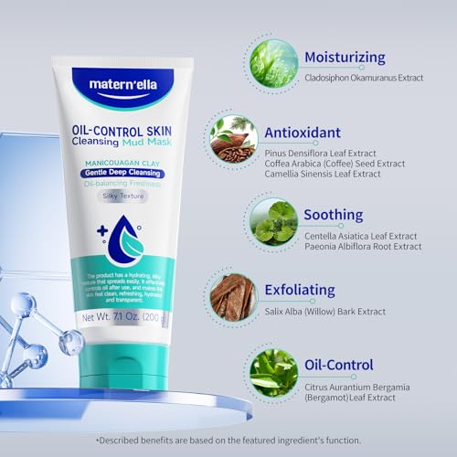 MATERN'ELLA Mud Mask | Pore Purifying Oil-Control Manicouagan Clay Formula with Plant Extract for Blackheads, Oily & Dull Skin Clay Facial Treatment for Women & Men 7.1 Oz.