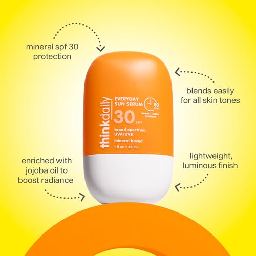 Thinkdaily SPF 30 Sunscreen for Face, Everyday Sun Serum, 1 Fl Oz – Zinc Oxide Mineral Sunscreen, UVA/UVB Protection, Hydrating Jojoba Oil, Vitamin E & Aloe Vera, Non-Sticky, Travel Size