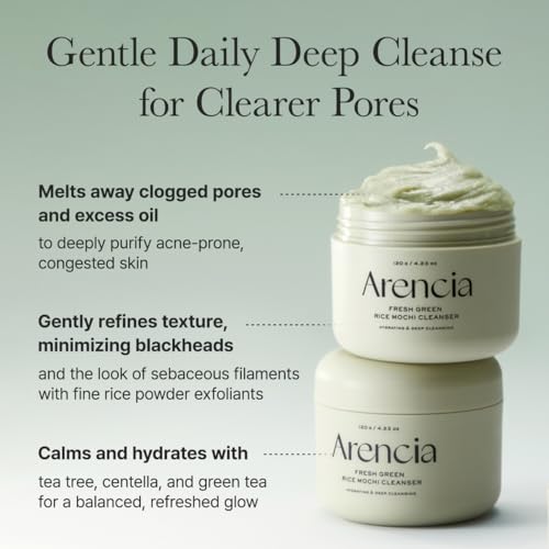 Arencia Korean Rice Mochi Face Cleanser - Face Wash, Gentle Scrub All in One for Deep Cleansing, Moisturizing, Pore Minimizing, Acne-Prone Skin, Removing Blackhead with Rice Water & Green Tea