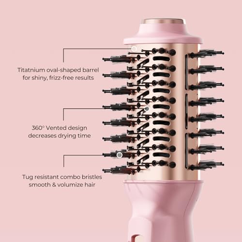 PLAVOGUE Mini Dual Voltage Hair Dryer Brush, 700 Watts Travel Hot Air Brush with European Plug，Ionic One Step Blow Dryer and Styling Brush with Ceramic Coating for Women for Home & Salon (Pink)