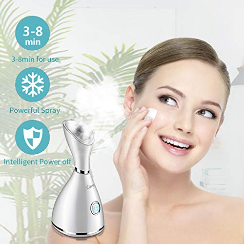 Facial Steamer-Nano Ionic Facial Steamer Warm Mist Humidifier Atomizer Sprayer Moisturizing Face Steamer Home Sauna SPA Face with 4 Piece Stainless Steel Skin Kit and Hair Band(White)