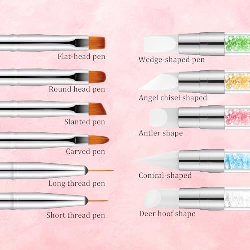 11PCS Nail Art Brushes & Nail Dotting Tools,Double Ended Tipped Silicone Nail Tools,Gel Polish Brush,Liner Brush,Dotting Pen for Home Salon DIY Kit (Pink)
