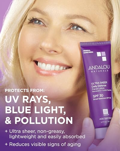 Andalou Naturals Age Defying Ultra Sheer Daily Defense Mineral Sunscreen SPF 30 | Face Lotion with Zinc Oxide | Lightweight Anti-Aging Sun Protection | 2.7 fl oz