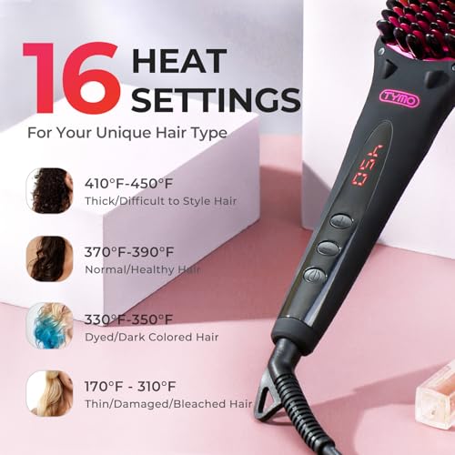 TYMO Ionic Hair Straightener Brush - One-Step Hair Straightener for Women, Straightening Brush with Negative Ions, 16 Temp Settings, LCD Display, Dual Voltage, Hot Comb Flat Iron for Frizz-Free Styles