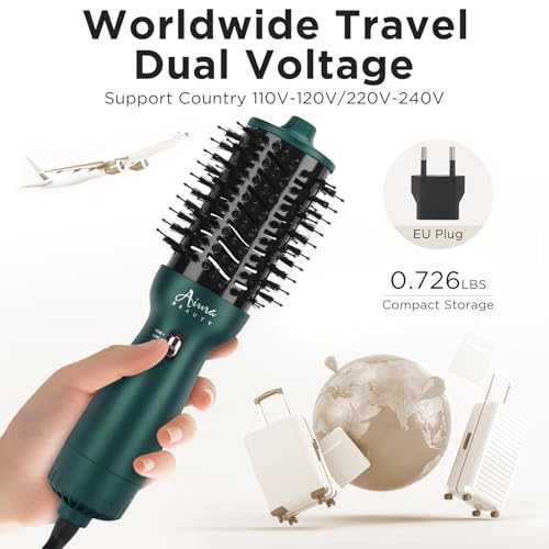 Aima Beauty Hair Dryer Brush Dual Voltage Worldwide Travel Blow Dryer Brush Hot Air Brush Oval Barrel 110-120V/220-240V 360°Airflow,Negative Ionic Frizz-Free Dry/Straightening/Voluming, Dark Green