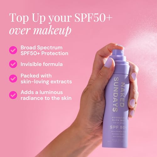Naked Sundays SPF 50 Hydrating Glow Face Mist – Daily Sunscreen Spray & Makeup Setting Spray with Hyaluronic Acid, Lightweight, Non-Greasy & Hydrating (75ml)