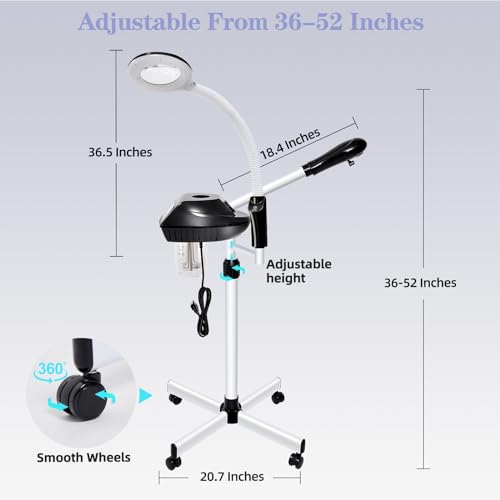Professional Facial Steamer, 2 in 1 Facial Steamer with 5X Magnifying Lamp for Deep Cleansing and Hydration, Face Steamer on Wheels with Time Setting, Estheticians Steamer for Spa, Salon and Home Use