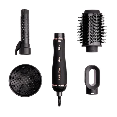 Foxybae Super Styler – 4-in-1 Blow-Dryer Brush Set - Diffuser, Blowout-Brush, 1.25” Curling Barrel & Drying Cylinder - Voluminous, Frizz-Free Hair - Dryer, Straightener & Curler (Black Rose-Gold)