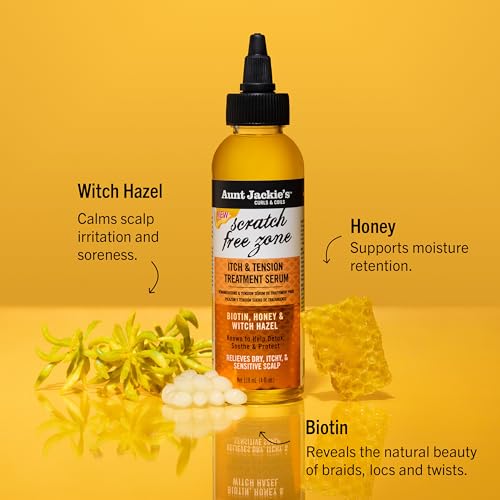 Aunt Jackie's Braid + Twist Collection Scratch Free Zone Itch & Tension Treatment Serum – Relieve Dry, Itchy Scalp with Witch Hazel, Biotin, and Honey – 4 fl oz
