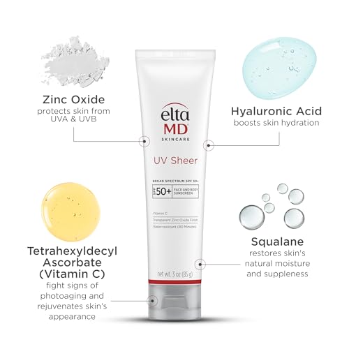 EltaMD UV Sheer Face and Body Sunscreen SPF 50+, Oil Free, No White Cast Sunscreen for Face and Body, Zinc Oxide Formula, 3.0 oz Tube